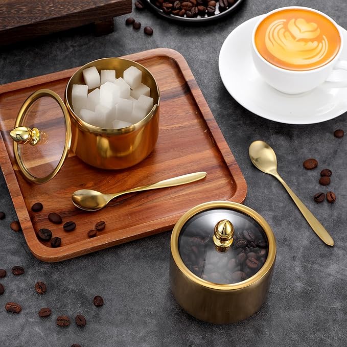 Sibba 4 Pack 10oz Gold Sugar Bowl with Lid And Spoon, Gold Sugar Container Stainless Steel Sugars Creamer Container Durable Round Jar for Coffee Bar Kitchen Accessories for Sugars Salt Coffee Bean