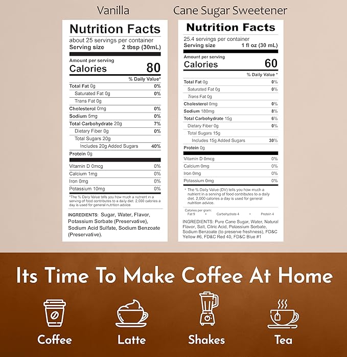 Syruvia Coffee Syrup Variety Pack - Vanilla & Cane Sugar Sweetener- Gluten-Free, Kosher, 25.4 fl oz Bottles - Enhance Your Coffee Experience with Premium Flavoring Syrups