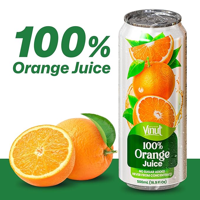 VINUT 100% Orange Juice, No Added Sugar, Never From Concentrate, 16.9 fl oz (500 mL) Can, Pack of 12