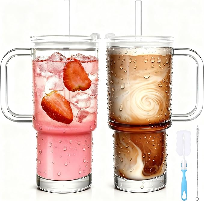 28oz Glass Coffee Cups with Lids and Straw,2 Pack Glass Tumbler with Handle for Cold & Hot Drinks Wide Mouth Travel Mug for Smoothies,Beer,Tea,Juice and Iced Coffee Cups with Lids and Straw