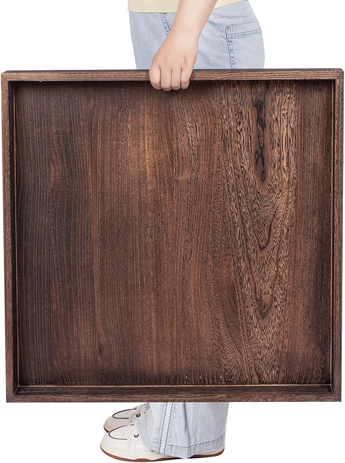 Ottoman Tray for Coffee Table Living Room Wood Serving Tray Large Wooden Square 24 Inches Rustic Brown