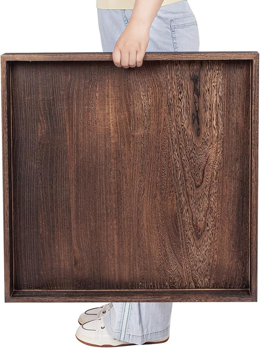 Ottoman Tray for Coffee Table Living Room Wood Serving Tray Large Wooden Square 24 Inches Rustic Brown