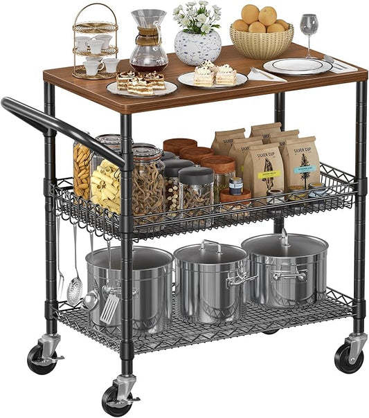NTE Rolling Kitchen Carts on Wheels, 650Lbs Capacity 3 Tier Utility Cart with Wood Tabletop, Kitchen Storage Cart with 8 Hooks, Metal Serving Cart with Handle and Shelf Liners for Kitchen, Black