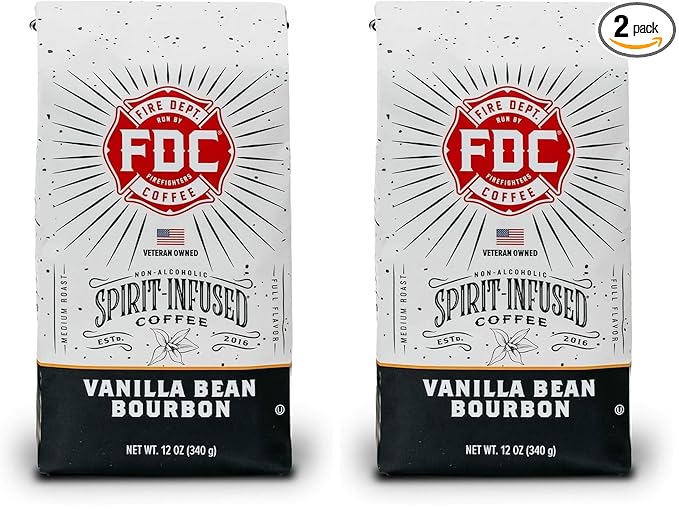 Fire Department Coffee - Vanilla Bourbon Coffee - Gives Back to Firefighters - Vanilla Bean Bourbon Infused Ground - Non-Alcoholic - Roasted in the USA - Veteran Owned (12 oz, Pack of 2)
