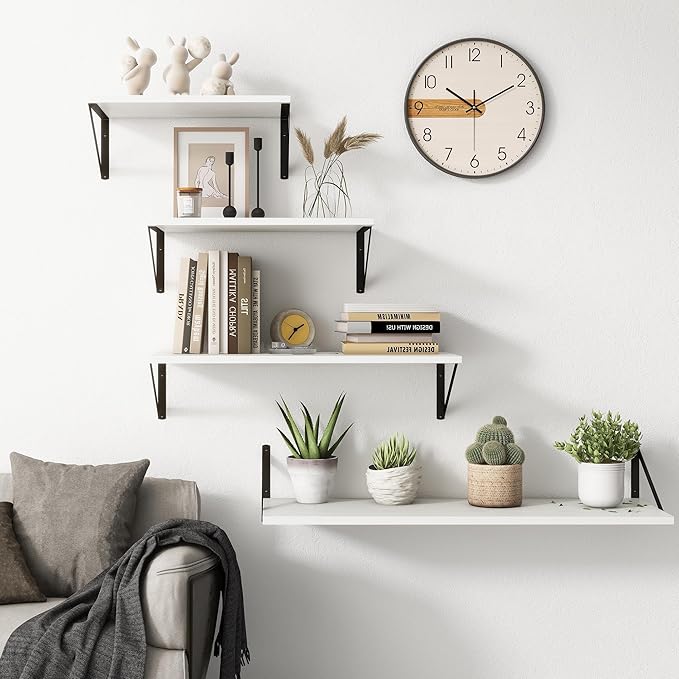 Fun Memories 40 Inch Floating Shelves, 10 Inch Deep Wall Shelf, 40 x 10 Floating Shelf Set of 2, White Wood Floating Shelf Wall Mounted, Large Kitchen Living Room Bedroom Storage Shelves