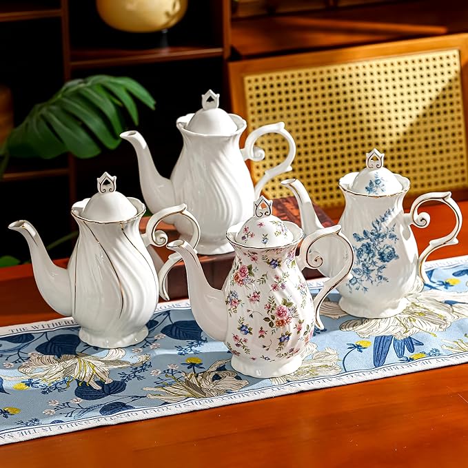 tea pot ceramic, Porcelain teapot with lid, 37oz for Tea, Milk, Coffee, Flower tea (White with small flowers)