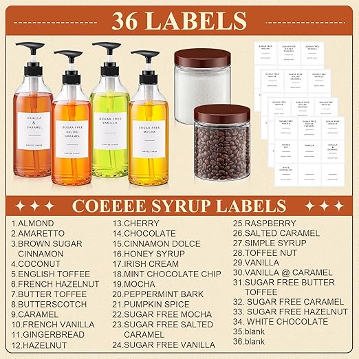 9 Pcs Coffee Syrup Dispenser Set 25 oz Plastic Coffee Syrup Dispenser Pump Bottle 16.9 oz Pet Jar with Lids Gold Spoon and Labels for Home Bar Organization