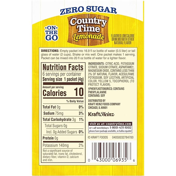 Country Time Lemonade Zero Sugar On The Go 6 Sachet Drink Mix 23.7g (Pack of 4)