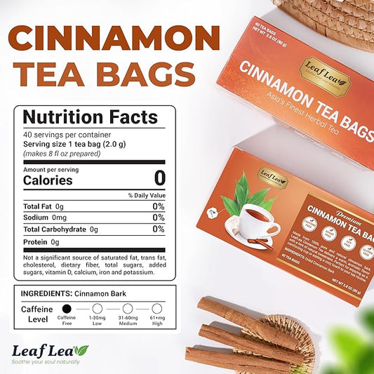 LeafLea Cinnamon Tea Bags, 80 Count (2-Pack), 100% Natural Ground Cinnamon Stick Herbal Tea, Spiced and Warming Flavor for Relaxation, Caffeine-Free, Sugar-Free, Vegan