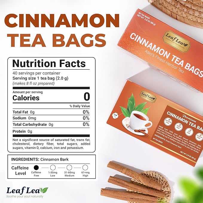 LeafLea 40 Cinnamon Tea Bags, 100% Natural Ground Cinnamon Stick Herbal Tea, Spiced and Warming Flavor for Relaxation, Caffeine-Free, Sugar-Free, Non-GMO, Vegan