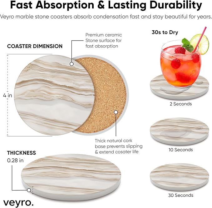VEYRO Ceramic Coasters Set of 6 – Absorbent Stone Drink Coasters with Holder, Non-Slip Cork Backing, Modern Marble Look Coasters for Coffee Table, Desk & Home Decor