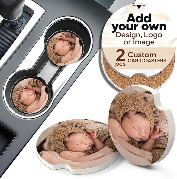 Custom Car Coasters – Customize Your Cup Holder Insert with Photo, Text, or Logo – Ceramic with Non-Slip Cork Base & Finger Notch, Personalized Car Decorations (Set of 2)