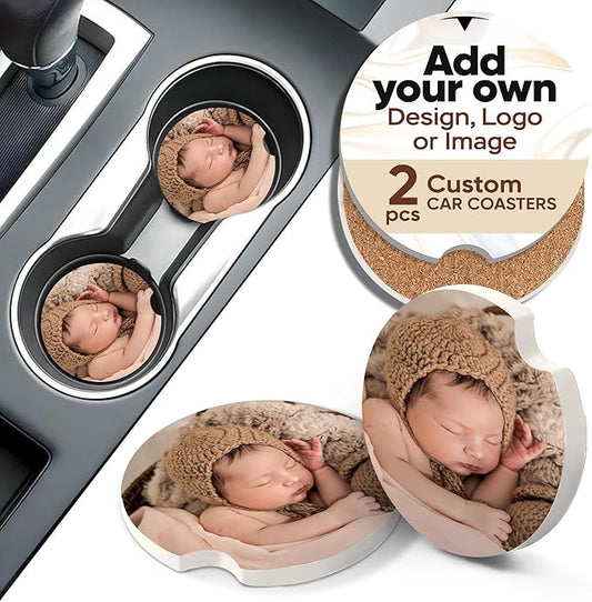 Custom Car Coasters – Customize Your Cup Holder Insert with Photo, Text, or Logo – Ceramic with Non-Slip Cork Base & Finger Notch, Personalized Car Decorations (Set of 2)