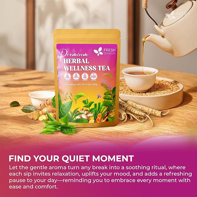 FreshDrinkUS, Premium Herbal Wellness Tea Bags | 75 Count | Blend of Sencha, Ginger, Fennel, Dandelion, Tulsi, Turmeric, Peppermint, Lavender, Lemongrass & Stevia – Herbal Tea. Vegan