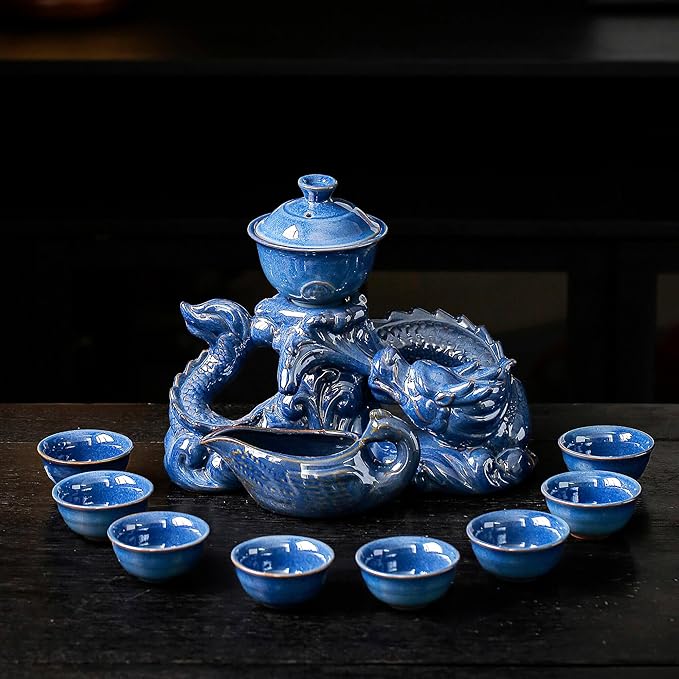 Semi Automatic Tea Set Ceramic Teapot with Infuser Magic Teapot with 8 cups (Blue Dragon- D)