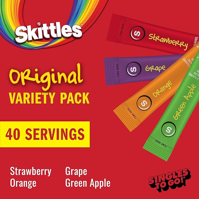 Skittles Singles To Go Variety Pack, Watertok Powdered Drink Mix, Zero Sugar, Low Calorie, Includes 4 Flavors: Green Apple, Strawberry, Grape, Orange, 1 Box (40 Single Servings)