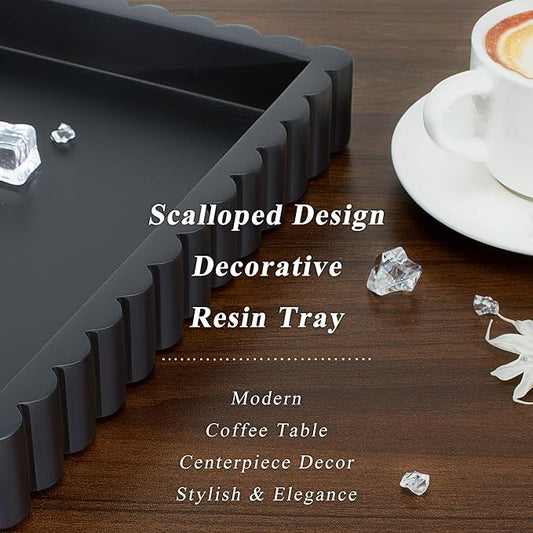 YMXYJM-Scalloped Coffee Table Tray，Ottoman Tray for Modern Home Decor. 14" Decorative Tray for Entryway Table Decor, Living Room Table Decor, Coffee Table Centerpiece - Black Resin