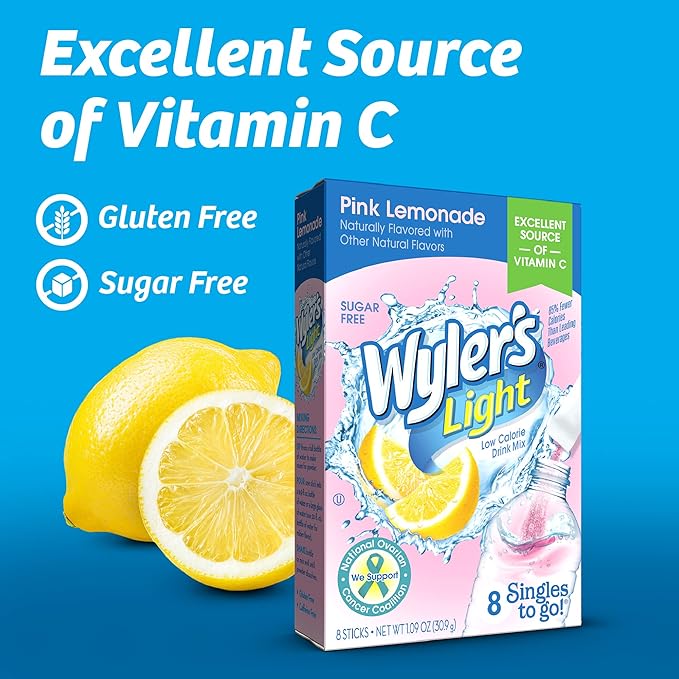 Wyler's Light Singles To Go Powder Drink Mix, Pink Lemonade, 8 Count (Pack of 3)