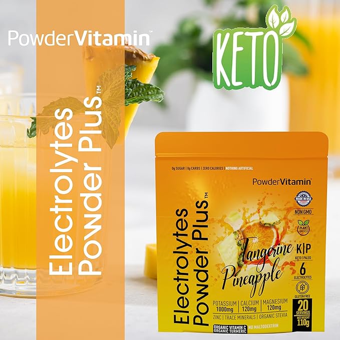 PowderVitamin Electrolytes Powder Plus (20 Servings) Tangerine Pineapple Electrolyte Powder Zero Calorie Keto,0Sugar,No Maltodextrin,1000mg Potassium,120mg Calcium,120mg Magnesium, Pink Himalayan Salt