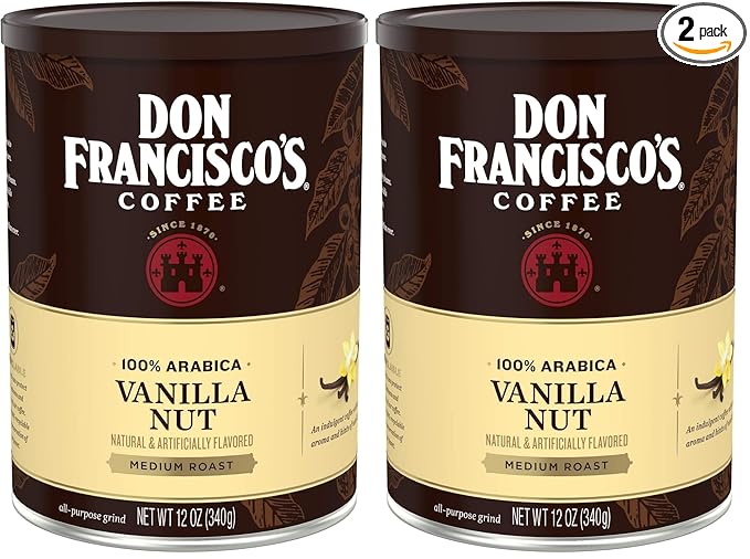 Don Francisco's Premium Vanilla Nut Ground Flavored Coffee: Rich, Aromatic 100% Arabica Beans - Family Crafted for a Delightful Morning Brew (12 oz Can) (Pack of 2)