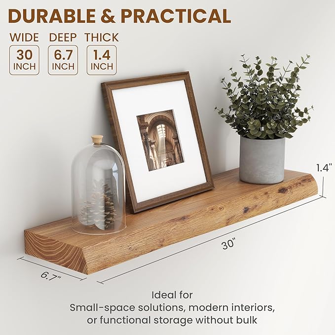 30 Inch Floating Shelves for Wall, Solid Elm Wood Live Edge Floating Shelves for Bedroom Living Room Bathroom, Wall Mounted Wooden Shelf with Invisible Bracket for Books Decor Storage, Natural