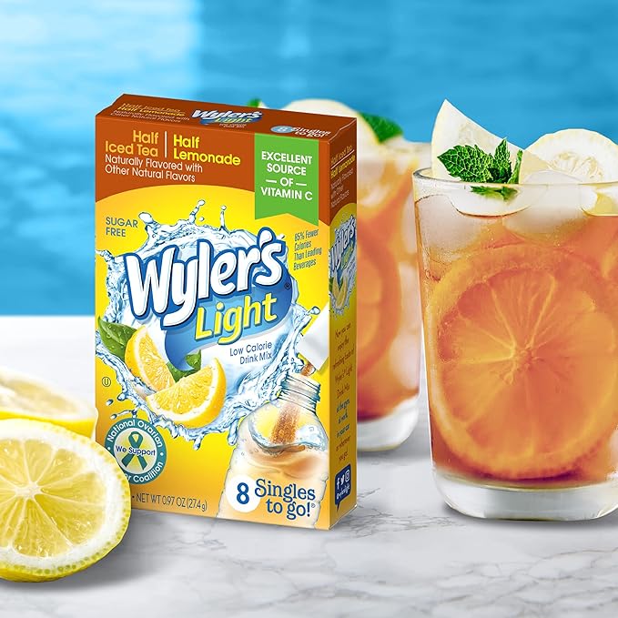 Wyler's Light Water Drink Mix, Singles To Go, Half Iced Tea & Half Lemonade, 1 Box, 8 Sticks Per Box (8 Sticks Total) (Pack of 4)