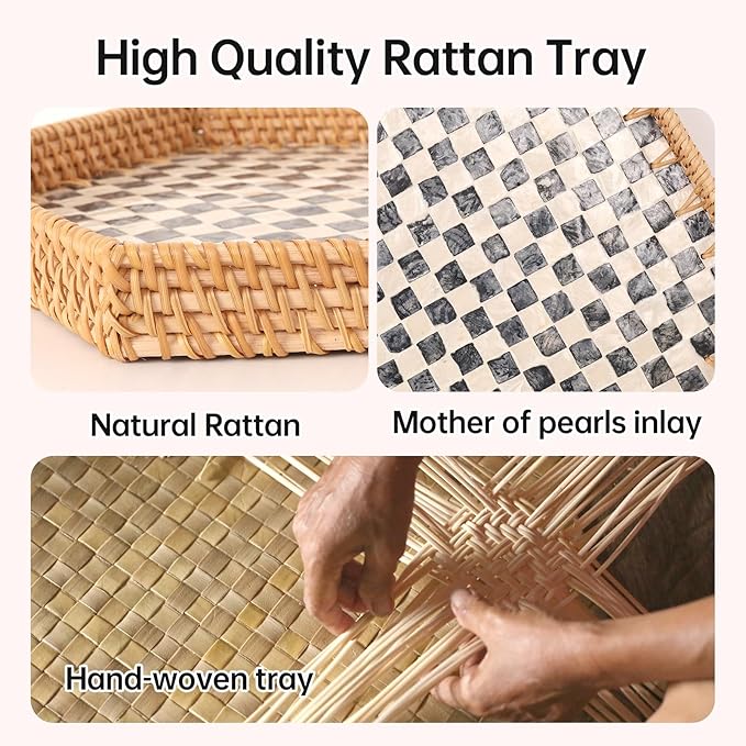 Hexagon Rattan Tray with Mother of Pearl Inlay, Rattan Serving Tray for Coffee, Bread, Fruits, Snacks, Decorative Wicker Tray for Table Decor, Home Decor (Black Checker, 14.5"×12.8")