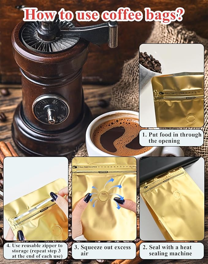 12mil Stand Up Coffee Bags, Flat Bottom Pouch with one-way Air Release Valve and Reusable Side Zipper(Gold, 150PCS-Large-2.2lb/32oz/1kg)