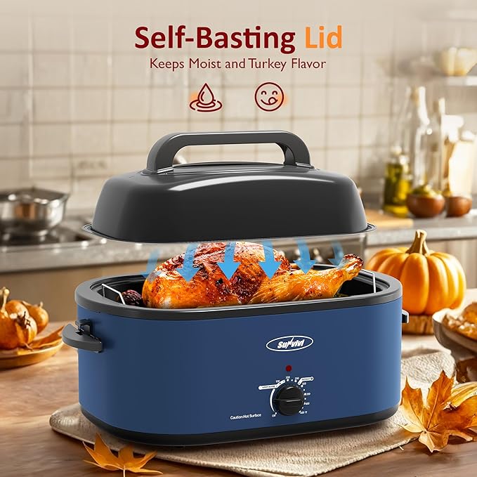 Sunvivi Electric Roaster, 26 Quart Electric Roaster Oven with Glass Lid, Turkey Roaster Oven Buffet with Self-Basting Lid, Removable Pan, Cool-Touch Handles, Blue