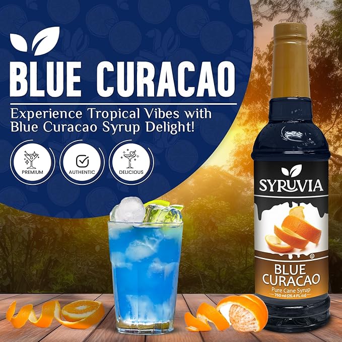 Syruvia Blue Curacao Syrup, Flavored Syrup for Cocktails, Drinks, Lemonades, Iced Teas, and Desserts – 25.4 fl oz, With Pump