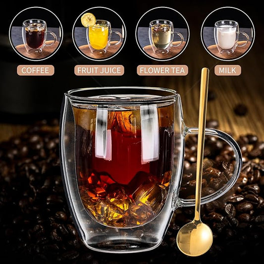 Double Wall Glass Coffee Mugs Set, Set Of 2 Glass Cup with 2 Gold Spoons, Clear Coffee Mug 12oz for Cappuccino, Latte, Milk, Tea, Hot and Cold Beverages, Housewarming Wedding Present Gifts