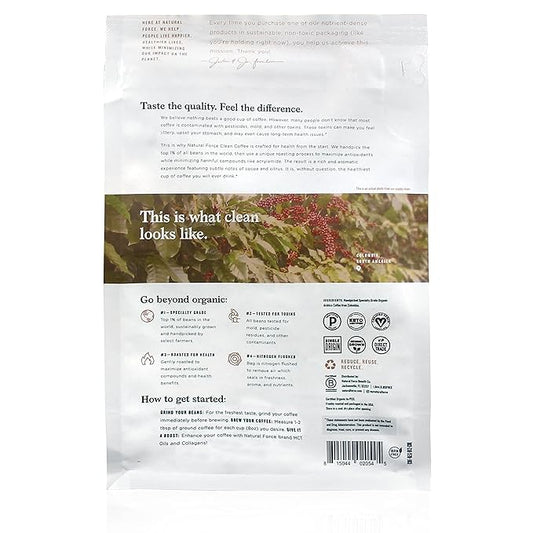 Natural Force - Organic Clean Coffee Classic, Mold & Mycotoxin Free, Lab Tested for Toxins & Purity, Low Acidity, Incredible Taste & Aroma, Whole Bean Medium Roast, 12 oz