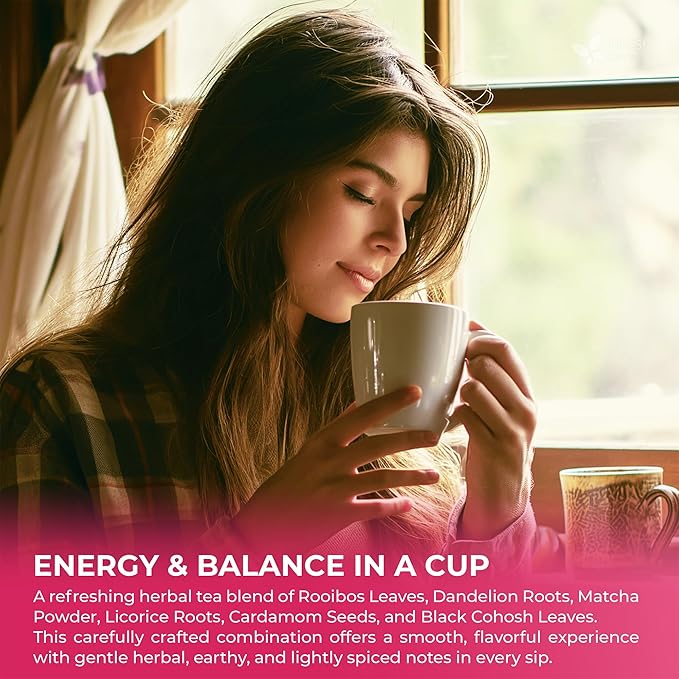 FreshDrinkUS, MenopauseSlim 40 Tea Bags – Herbal Blend with Rooibos, Dandelion Root, Matcha, Licorice, Cardamom & Black Cohosh – Smooth, Earthy Flavor – Premium Quality, Naturally Caffeine-Free Tea
