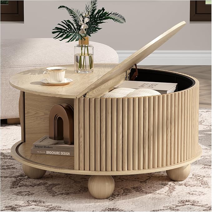 Round Coffee Table with Storage, 31.5" Natural Oak Fluted Drum Center Table, Scandi Japandi Wood Circle Table with Sliding Door & Bun Feet for Living Room