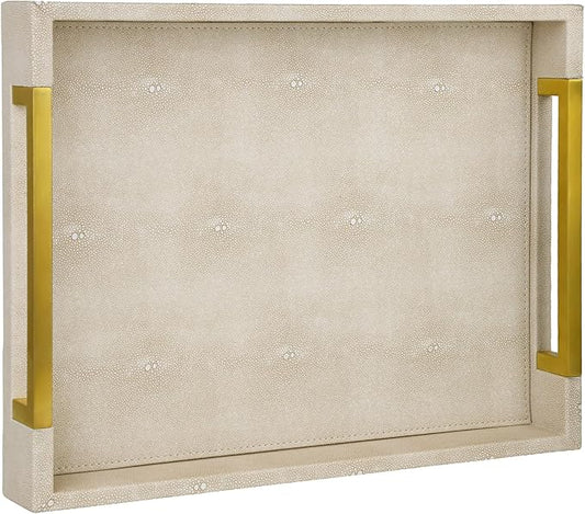 HofferRuffer Faux Leather Serving Tray with Gold Metal Handles, Stylish Decorative Tray Organizer for Coffee Table, Ottoman, Home Decor and Serving (LightGrey Shagreen, 16.2" x 12.2" x 2")