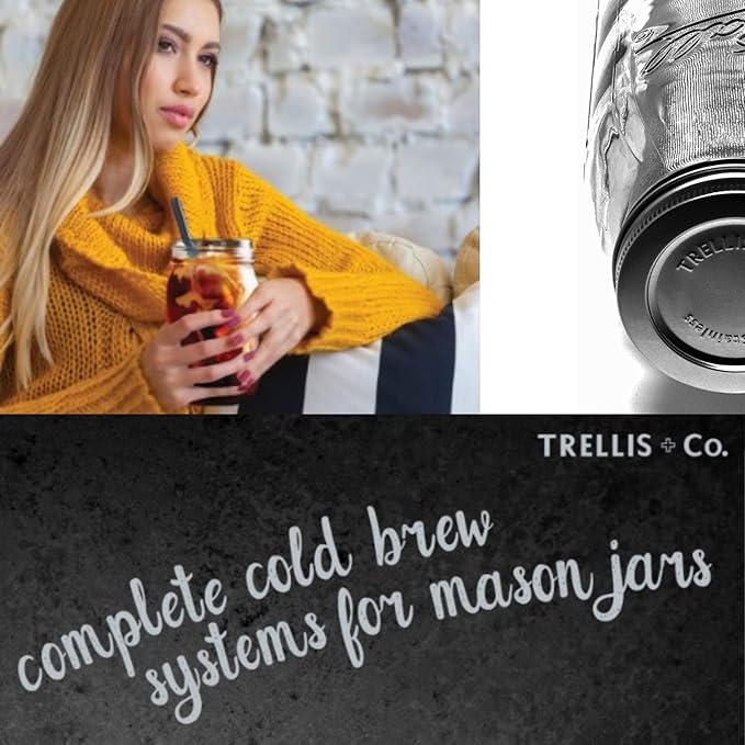 Trellis + Co. Cold Brew Coffee Kit | Stainless Steel 80 Micron Mesh Cold Brew Coffee Filter & 316 Stainless Steel Lid | Fits Both Quart & Half Gallon Wide Mouth Mason Jars