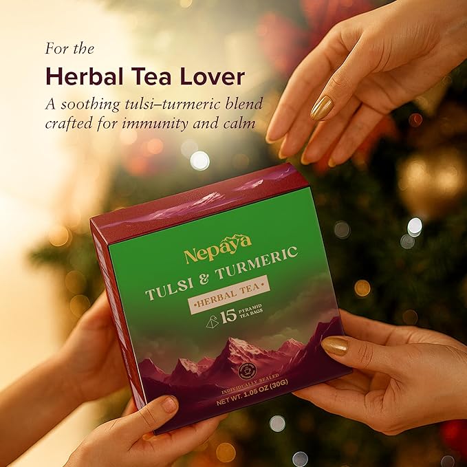 Nepaya Tulsi & Turmeric Herbal Tea – 15 Pyramid Tea Bags, Holy Basil Blend with Cinnamon & Black Pepper, Biodegradable, Caffeine-Free, Himalayan Tisane