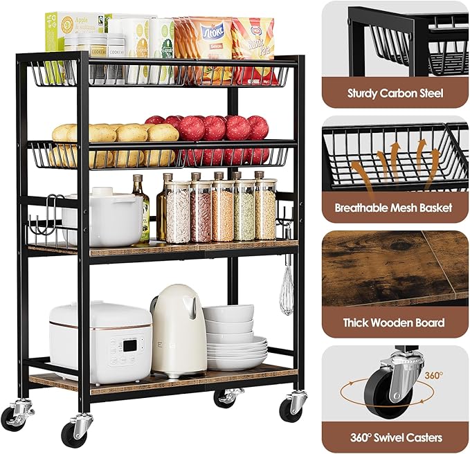 Fruit Vegetable Storage Cart, 4-Tier Rolling Kitchen Storage Cart, Fruit & Vegetables Basket Stand, Snack Organizer Shelf Unit for Kitchen, Bathroom, Living Room, Office, Balcony, Black