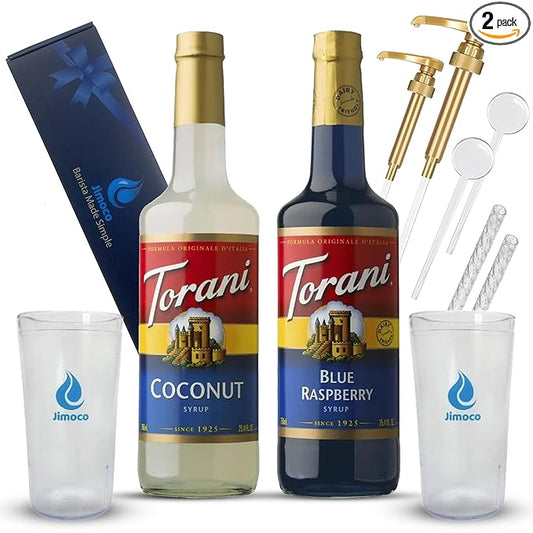 Jimoco Barista Set – Torani Blue Raspberry & Coconut Syrups (25.4 oz Each) with 2 Jimoco Syrup Pumps, Reusable Cups, Straws & Stirrers – Coffee, Italian Soda & Cocktail Flavoring Kit