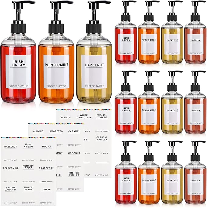 Mumufy Set of 12 Coffee Syrup Dispenser PET Syrup Pump Bottle Black Plastic Container with 27 Labels for Kitchen Restaurant Home Bar Accessories Organization(11.8 oz)