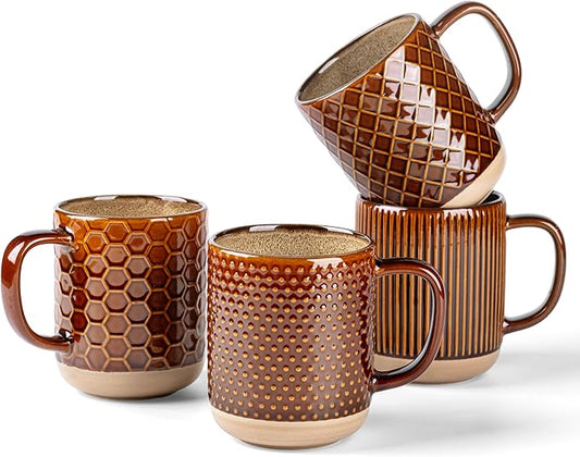 GBhome Large Coffee Mugs Set of 4, 16oz Handmade Stoneware Coffee Mugs Set with Large Handle for Cappuccino/Latte/Tea/Hot Cocoa, Dishwasher & Microwave Safe, Caramel
