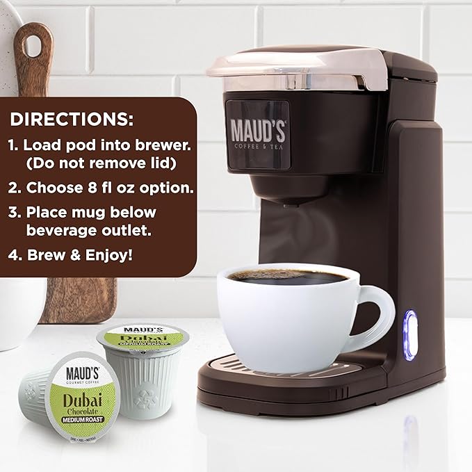 Maud's Dubai Chocolate Flavored Coffee Pods, 36 ct, Medium Roast Flavored Coffee in Recyclable Single Serve Pods – 100% Arabica Beans, Compatible with Keurig K Cups Maker