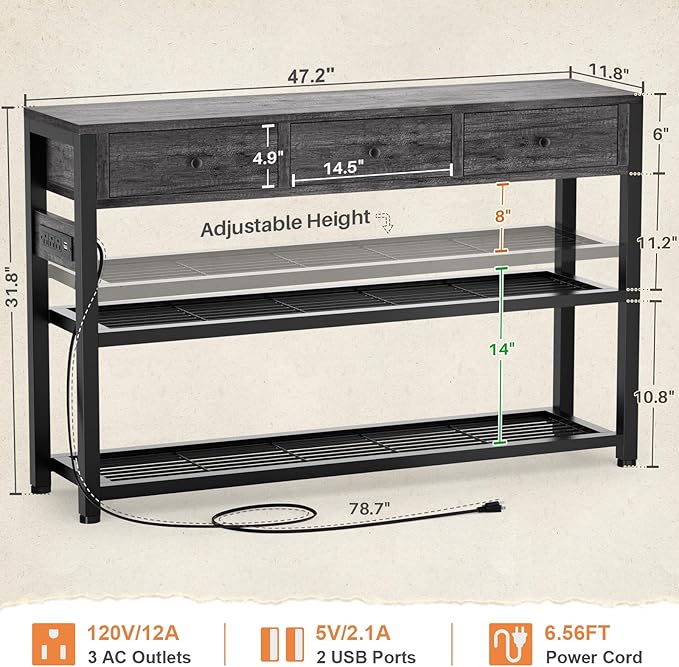 Ecoprsio 47'' Entryway Table with Outlets and USB Ports, Console Table with 3 Drawers, Sofa Table Narrow Long with Storage Shelves for Living Room, Couch, Hallway, Foyer, Kitchen Counter, Grey