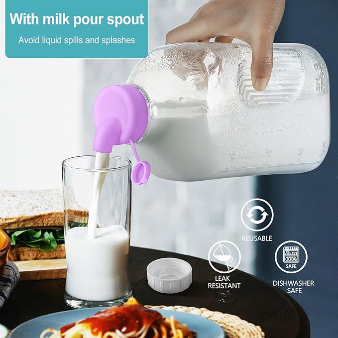 2 Pack 64 Oz Heavy Duty Glass Milk Bottle with 1 Silicone Spout and 3 Reusable Airtight SCREW LID, 2 Qt Glass Water Bottle with 2 Exact Scale Lines - Milk Jug Pitcher - 1/2 Gal Juice Bottles