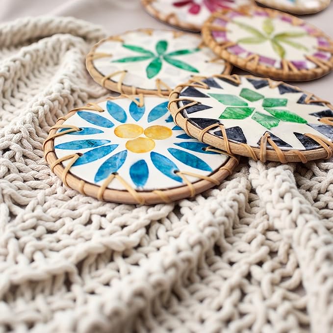 6PCS Pearl Rattan Coasters, Handmade Round Coaster, Colorful Shell Woven Coasters, for Cups, Desktop Protection, Decoration