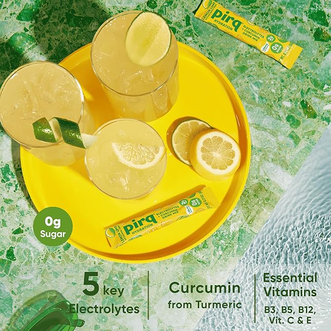 Pirq Hydration - Lemon Lime - Hydration Powder Packets | Electrolyte Drink Mix | Curcumin | B Vitamins | Zero Sugar | Keto Friendly | 10 Sticks