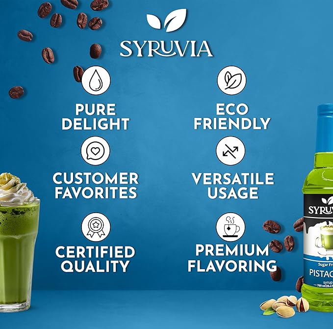 Syruvia Sugar Free Coffee Syrup, Pistachio Flavored Syrup for Drinks and Desserts – 25.4 fl oz, With Pump