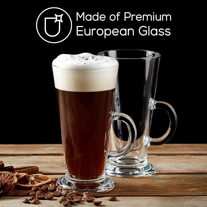 Crystalia Irish Coffee Glasses Set of 2, Latte Mugs with Handle, Clear Tall Glasses for Iced Coffee, Latte, Cappuccino, Hot Chocolate, and Hot Toddy (Small 9 oz)