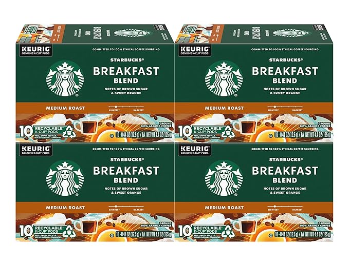 Starbucks Breakfast Blend Medium Roast Coffee K-Cup Pods, 40 Count (Pack of 4 Boxes)