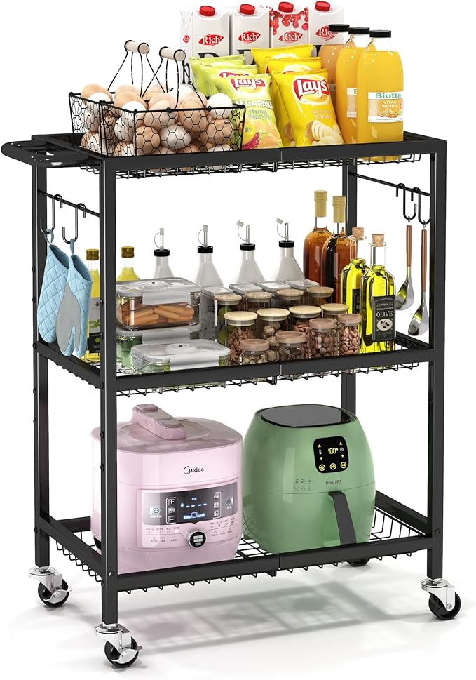 3-Tier Rolling Cart, Space-Saving Kitchen Cart with 150Lbs Capacity, Black Storage Cart with 2 Lockable Wheels for Kitchen Island, Restaurant, Garage, Backyard